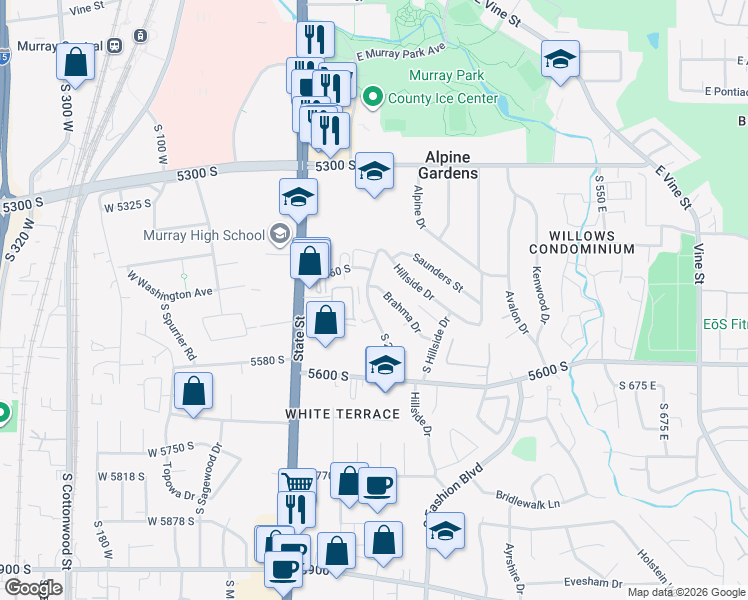 map of restaurants, bars, coffee shops, grocery stores, and more near 5485 South 235 East in Murray