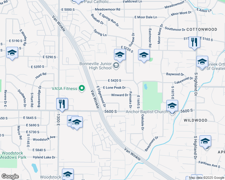 map of restaurants, bars, coffee shops, grocery stores, and more near 1562 East Lone Peak Drive in Holladay