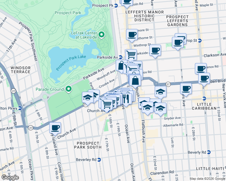 map of restaurants, bars, coffee shops, grocery stores, and more near 1830 Caton Avenue in Brooklyn