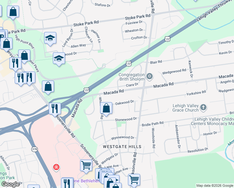 map of restaurants, bars, coffee shops, grocery stores, and more near 1365 Macada Road in Bethlehem