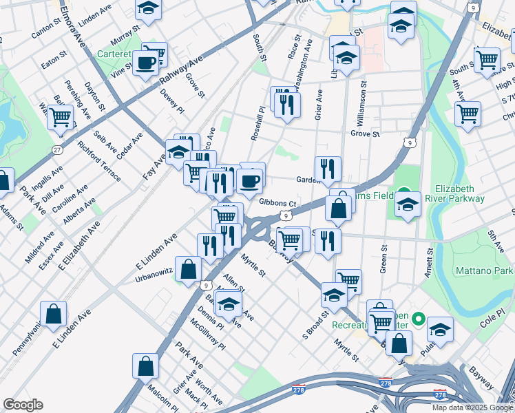 map of restaurants, bars, coffee shops, grocery stores, and more near 550 Edgar Road in Elizabeth