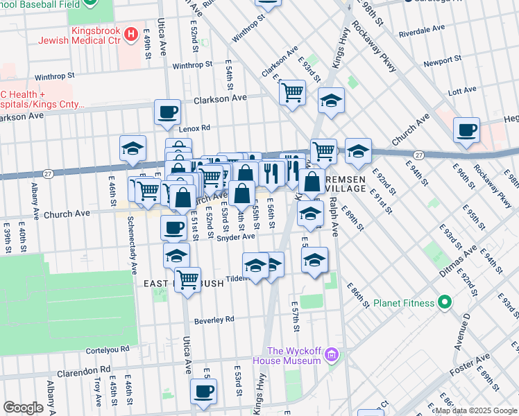 map of restaurants, bars, coffee shops, grocery stores, and more near 299 East 54th Street in Brooklyn
