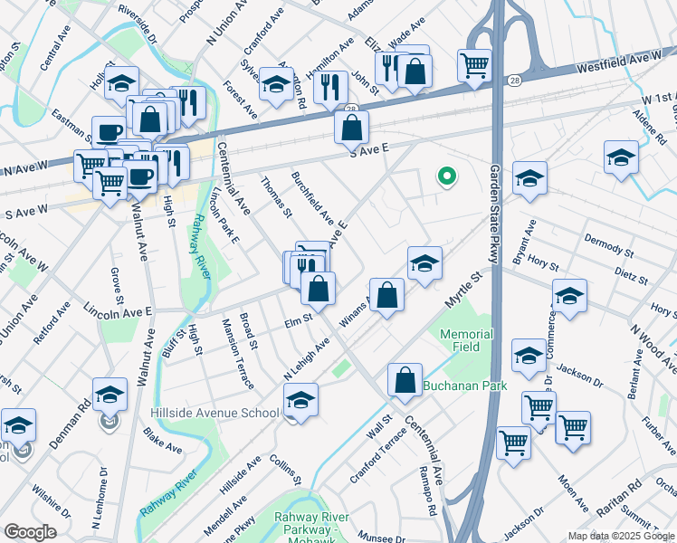 map of restaurants, bars, coffee shops, grocery stores, and more near 207 Thomas Street in Cranford