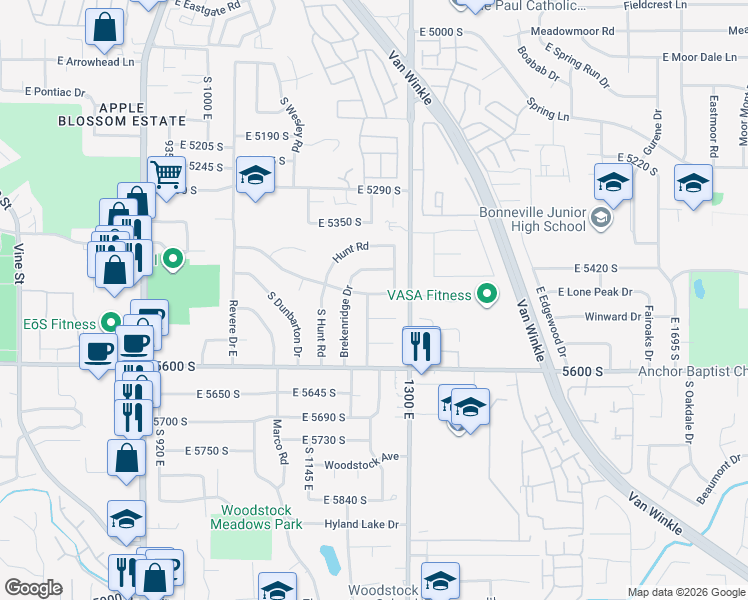 map of restaurants, bars, coffee shops, grocery stores, and more near 5486 South Brockway Street in Salt Lake City