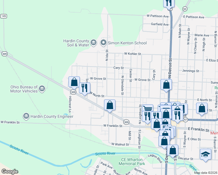 map of restaurants, bars, coffee shops, grocery stores, and more near 325 North Oak Street in Kenton