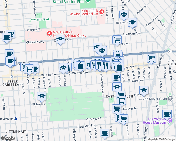 map of restaurants, bars, coffee shops, grocery stores, and more near 4411 Church Avenue in Brooklyn