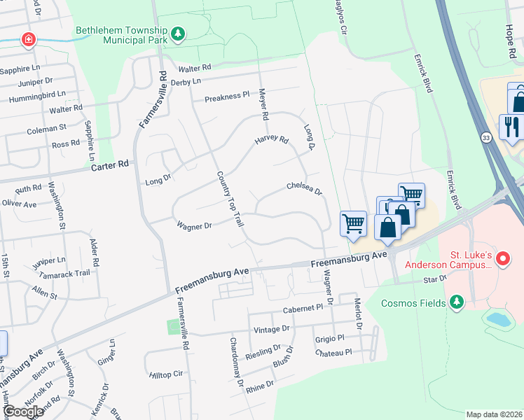 map of restaurants, bars, coffee shops, grocery stores, and more near 5060 Chelsea Drive in Bethlehem