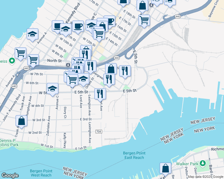 map of restaurants, bars, coffee shops, grocery stores, and more near 115 East 5th Street in Bayonne