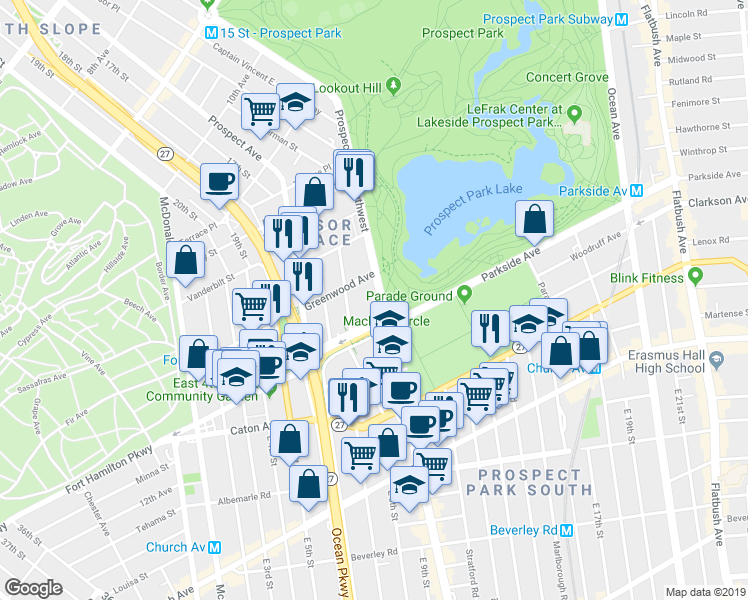 map of restaurants, bars, coffee shops, grocery stores, and more near 210-212 Prospect Park Southwest in Brooklyn