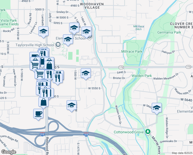 map of restaurants, bars, coffee shops, grocery stores, and more near 5486 Portside Way in Taylorsville