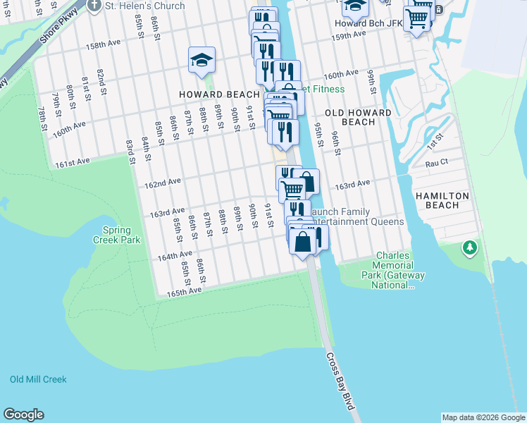 map of restaurants, bars, coffee shops, grocery stores, and more near 163-29 90th Street in Queens