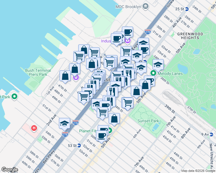 map of restaurants, bars, coffee shops, grocery stores, and more near 4313 3rd Avenue in Brooklyn