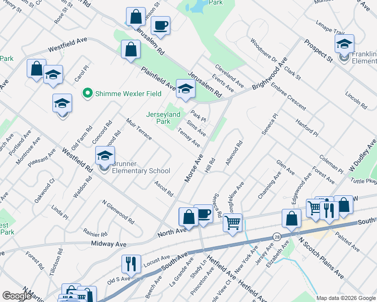 map of restaurants, bars, coffee shops, grocery stores, and more near 879 O'Donnell Avenue in Scotch Plains