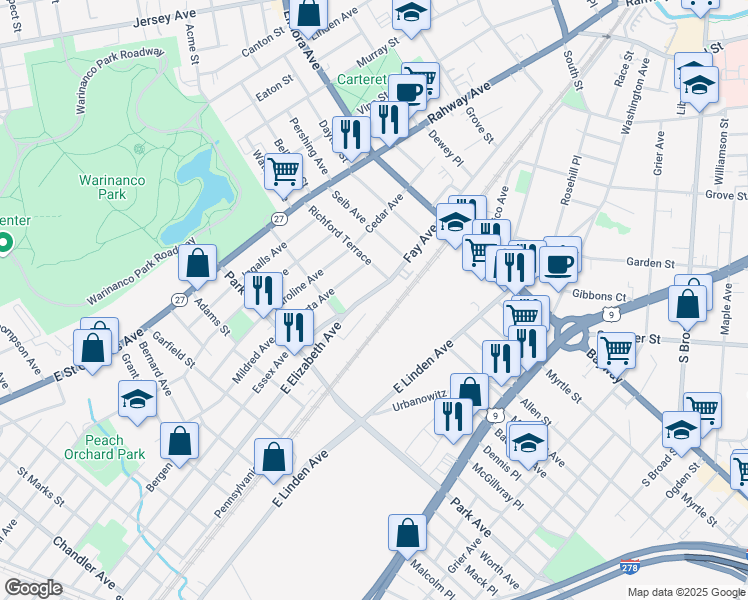 map of restaurants, bars, coffee shops, grocery stores, and more near 2138 Fay Avenue in Linden