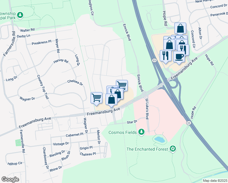 map of restaurants, bars, coffee shops, grocery stores, and more near 4882 Riley Road in Bethlehem