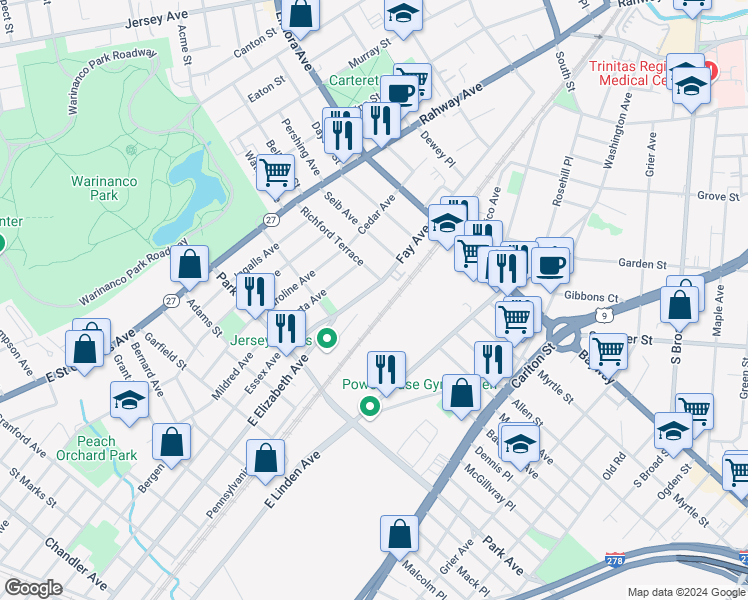 map of restaurants, bars, coffee shops, grocery stores, and more near 2138 Fay Avenue in Linden