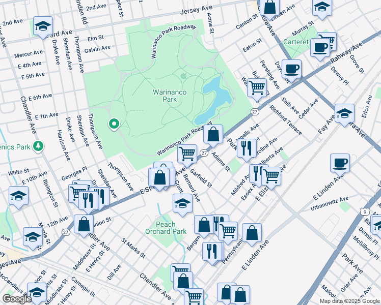 map of restaurants, bars, coffee shops, grocery stores, and more near 1913 Georges Place in Roselle