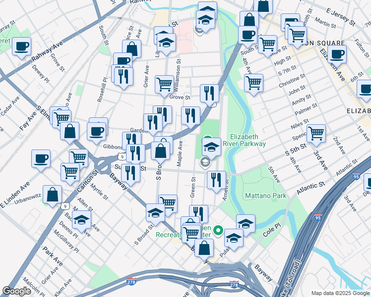 map of restaurants, bars, coffee shops, grocery stores, and more near 534 Maple Avenue in Elizabeth