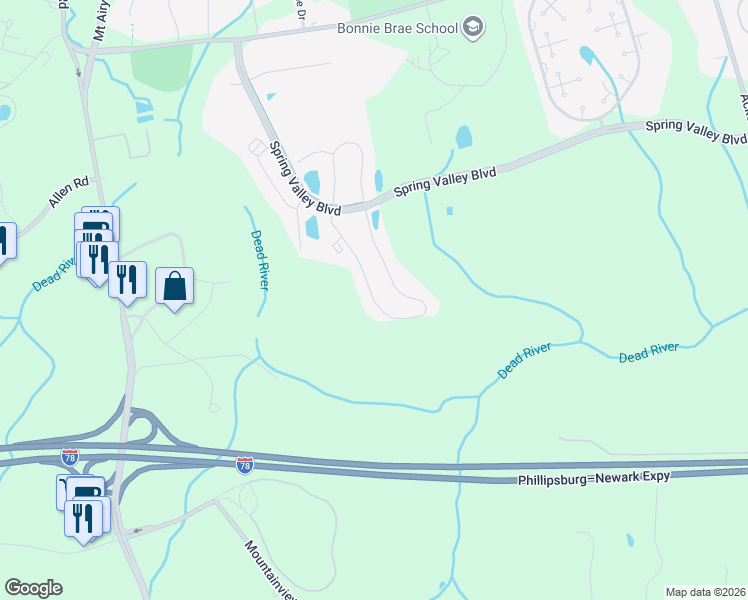 map of restaurants, bars, coffee shops, grocery stores, and more near 349 Penns Way in Basking Ridge
