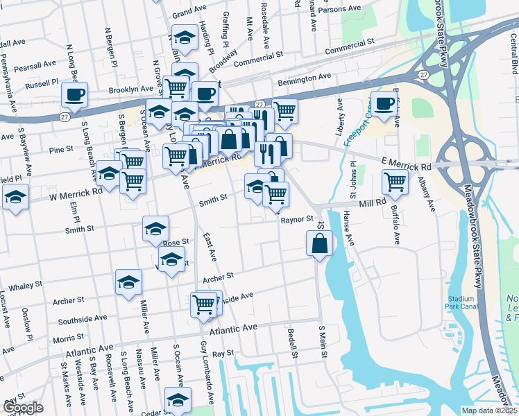 map of restaurants, bars, coffee shops, grocery stores, and more near 80 Raynor Street in Freeport