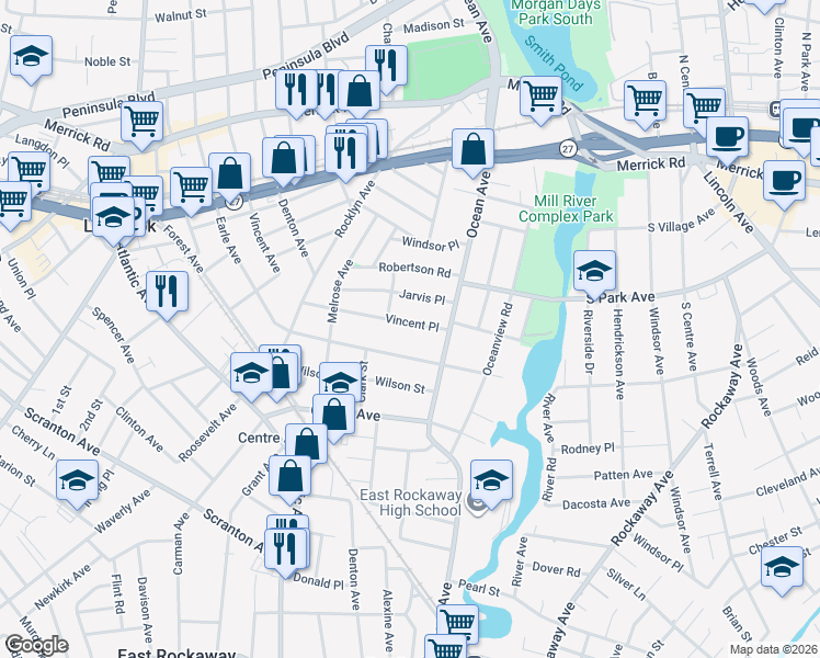 map of restaurants, bars, coffee shops, grocery stores, and more near 88 Vincent Place in Lynbrook