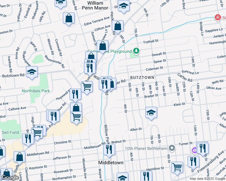 map of restaurants, bars, coffee shops, grocery stores, and more near 2512 James Street in Bethlehem