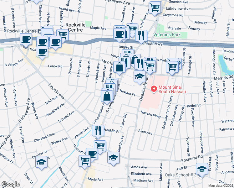 map of restaurants, bars, coffee shops, grocery stores, and more near 2463 South Long Beach Road in Rockville Centre