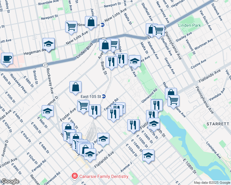 map of restaurants, bars, coffee shops, grocery stores, and more near 570 East 108th Street in Brooklyn