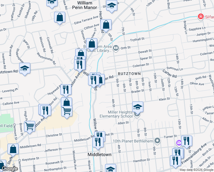 map of restaurants, bars, coffee shops, grocery stores, and more near 2510 Riegel Street in Bethlehem