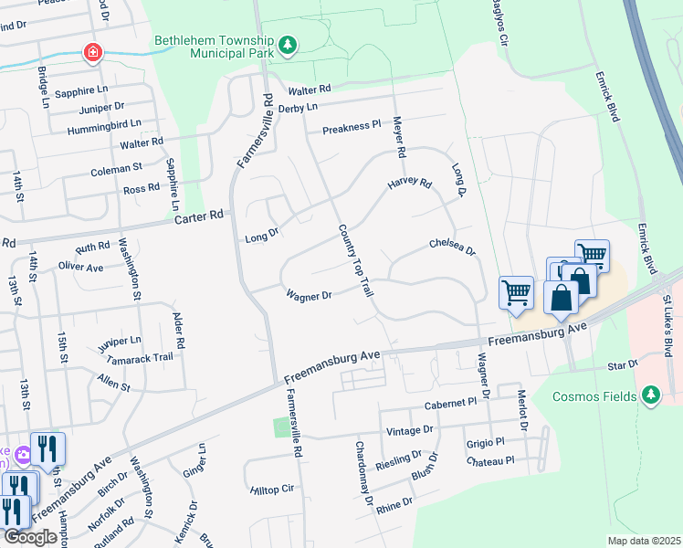 map of restaurants, bars, coffee shops, grocery stores, and more near 4476 Farm View Court in Bethlehem