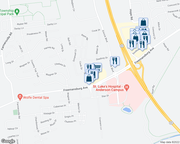 map of restaurants, bars, coffee shops, grocery stores, and more near Riley Road in Northampton County