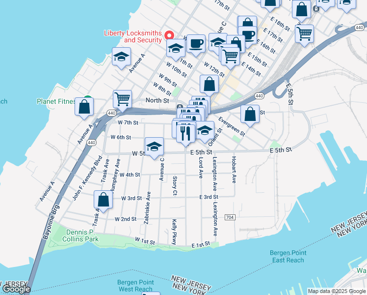 map of restaurants, bars, coffee shops, grocery stores, and more near 155 Broadway in Bayonne