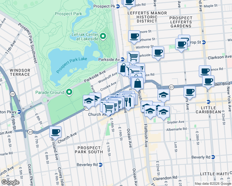 map of restaurants, bars, coffee shops, grocery stores, and more near 1840 Caton Avenue in Brooklyn