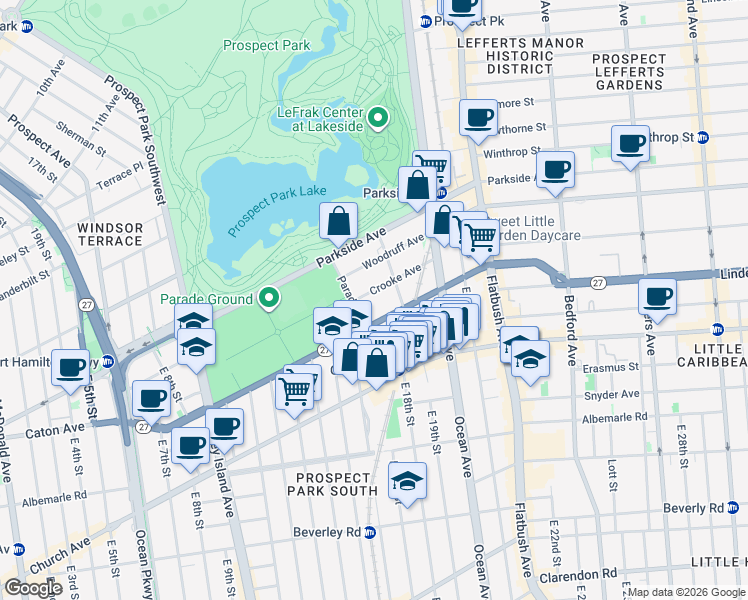 map of restaurants, bars, coffee shops, grocery stores, and more near 55 Parade Place in Brooklyn
