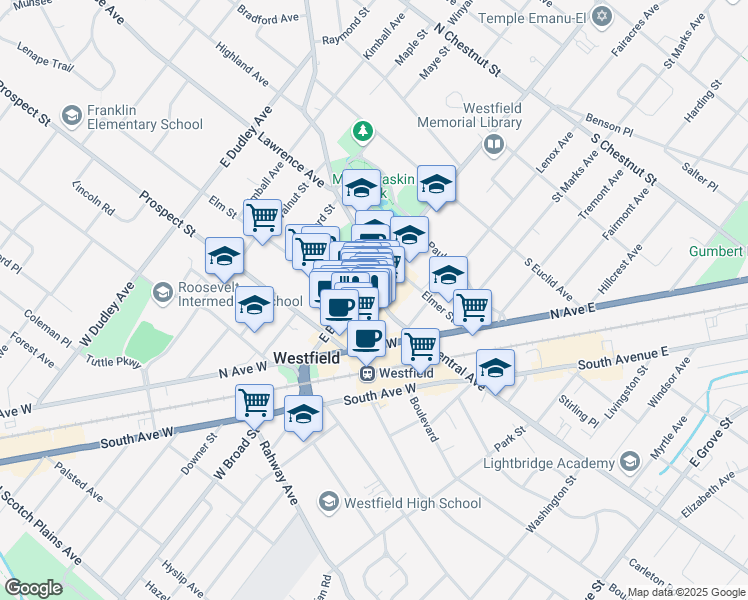 map of restaurants, bars, coffee shops, grocery stores, and more near 43 Elm Street in Westfield