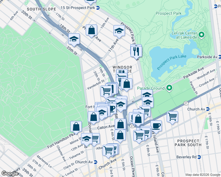 map of restaurants, bars, coffee shops, grocery stores, and more near 68 East 5th Street in Brooklyn