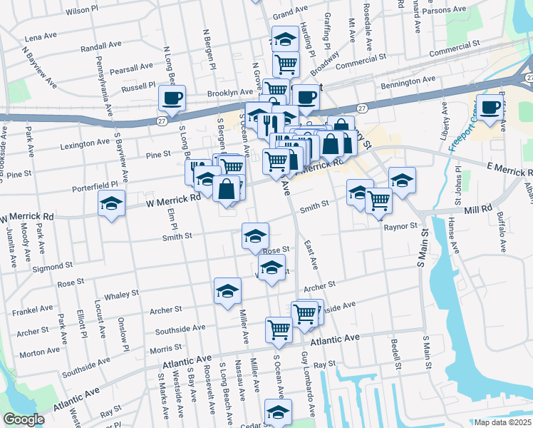 map of restaurants, bars, coffee shops, grocery stores, and more near 160 Smith Street in Freeport