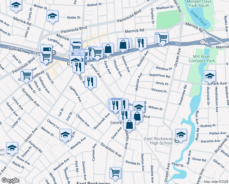 map of restaurants, bars, coffee shops, grocery stores, and more near 247 Forest Avenue in Lynbrook