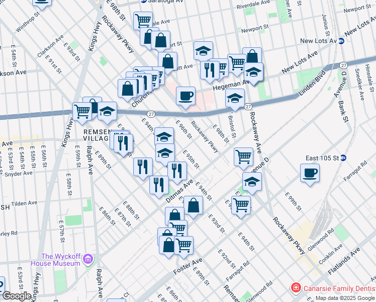 map of restaurants, bars, coffee shops, grocery stores, and more near 696 East 95th Street in Brooklyn