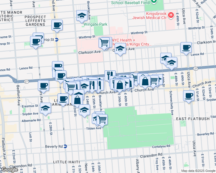 map of restaurants, bars, coffee shops, grocery stores, and more near 3707 Church Avenue in Brooklyn