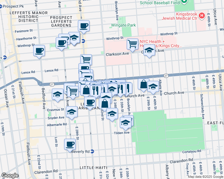 map of restaurants, bars, coffee shops, grocery stores, and more near 227 East 34th Street in Brooklyn