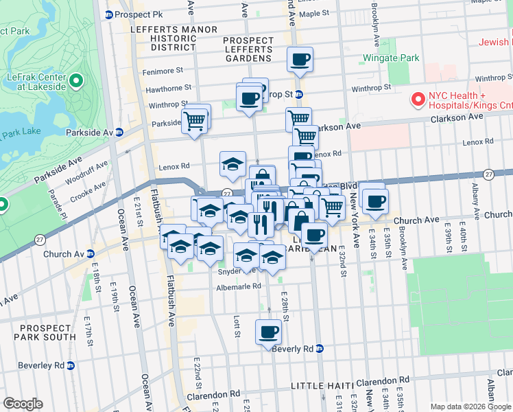 map of restaurants, bars, coffee shops, grocery stores, and more near 801 Rogers Avenue in Brooklyn
