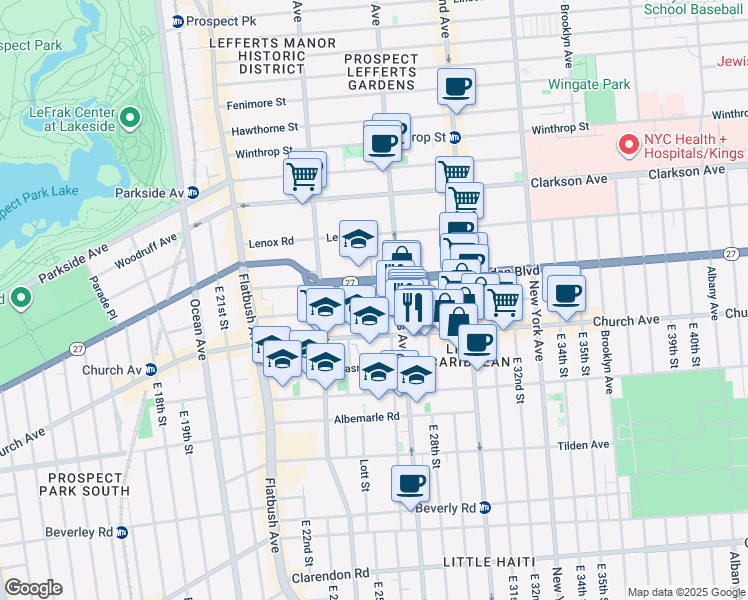map of restaurants, bars, coffee shops, grocery stores, and more near 801 Rogers Avenue in Brooklyn