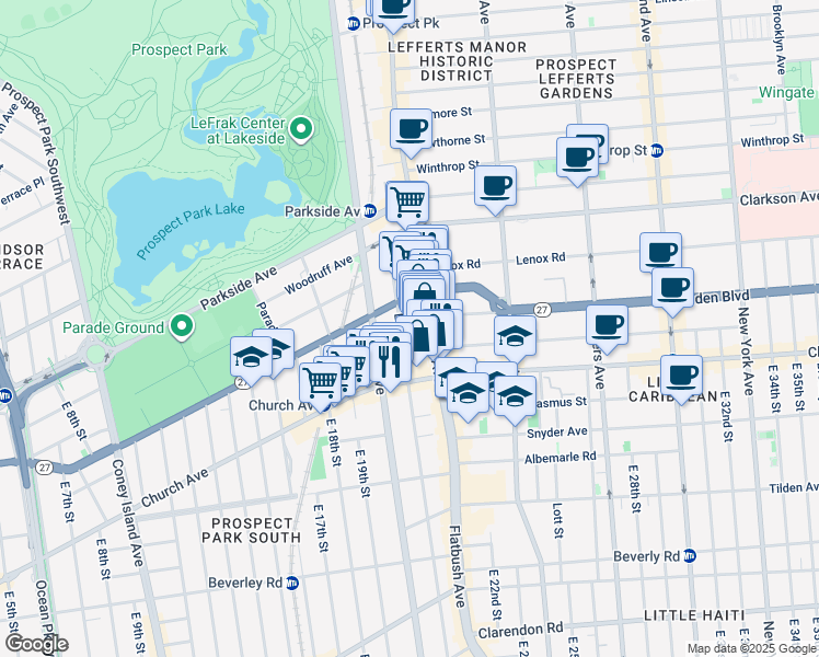 map of restaurants, bars, coffee shops, grocery stores, and more near 100 East 21st Street in Brooklyn