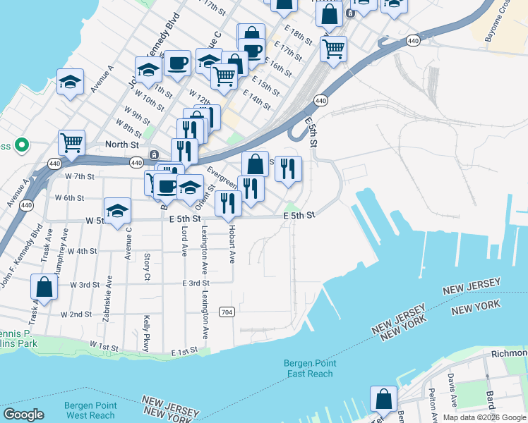 map of restaurants, bars, coffee shops, grocery stores, and more near 115-123 East 5th Street in Bayonne