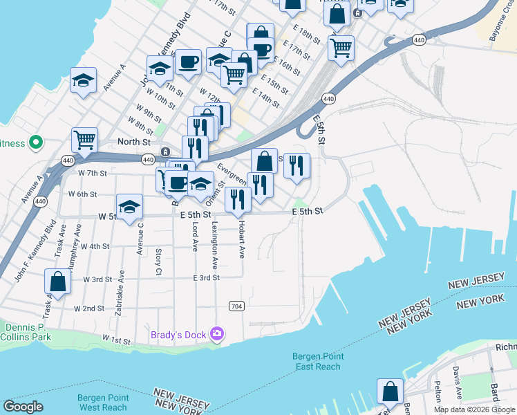 map of restaurants, bars, coffee shops, grocery stores, and more near 115-123 East 5th Street in Bayonne