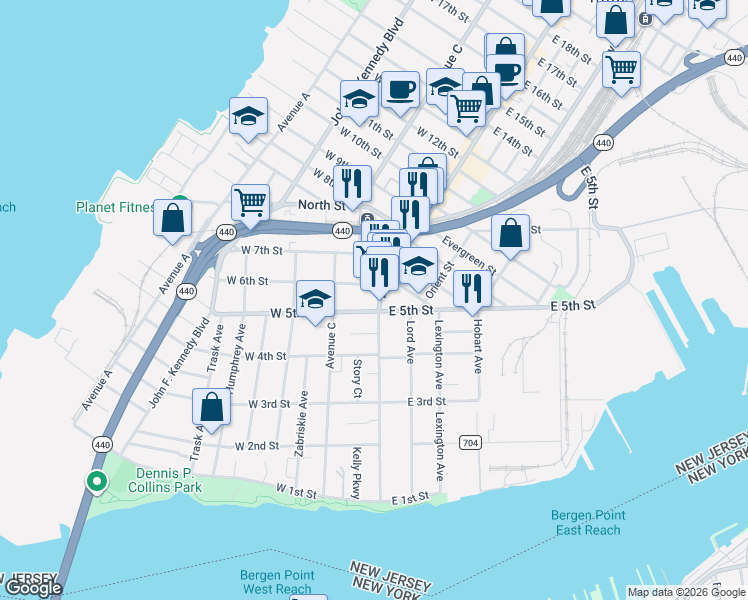 map of restaurants, bars, coffee shops, grocery stores, and more near 155 Broadway in Bayonne