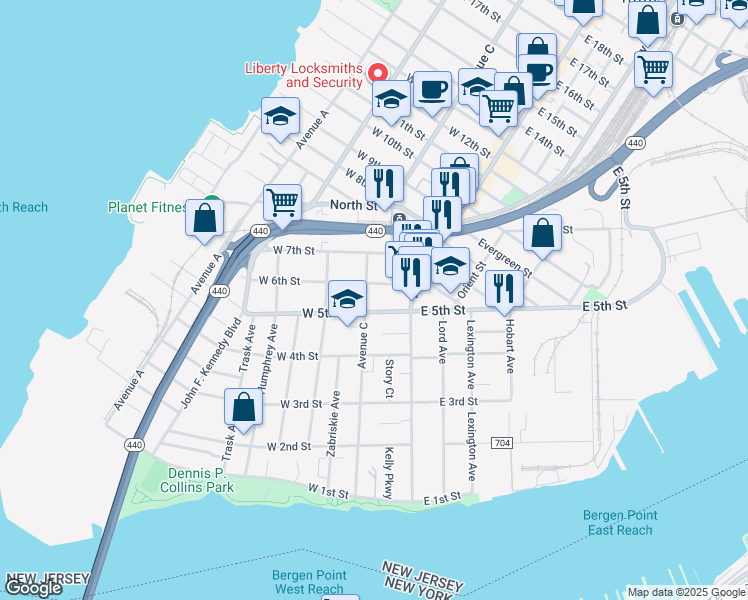 map of restaurants, bars, coffee shops, grocery stores, and more near 156 Avenue C in Bayonne