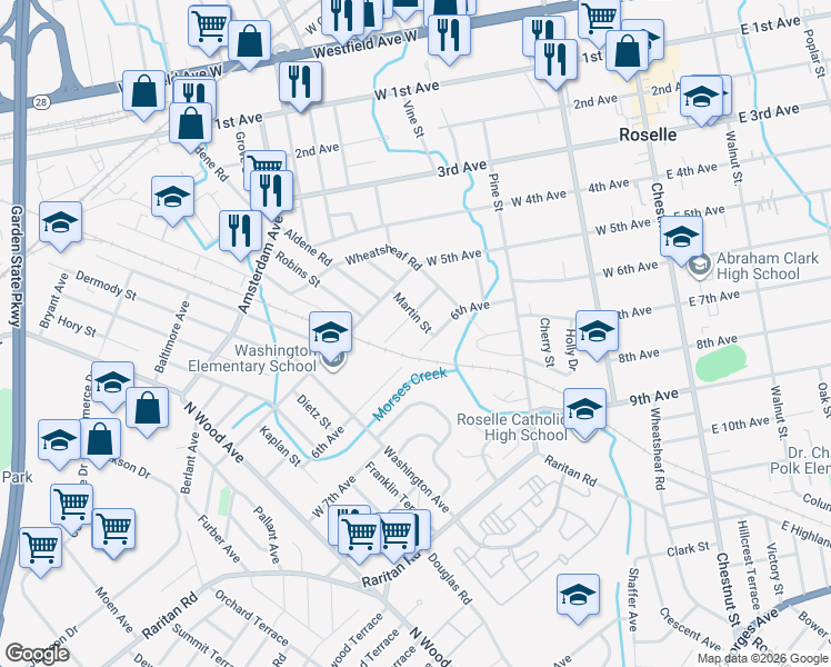map of restaurants, bars, coffee shops, grocery stores, and more near 225 Grace Street in Roselle