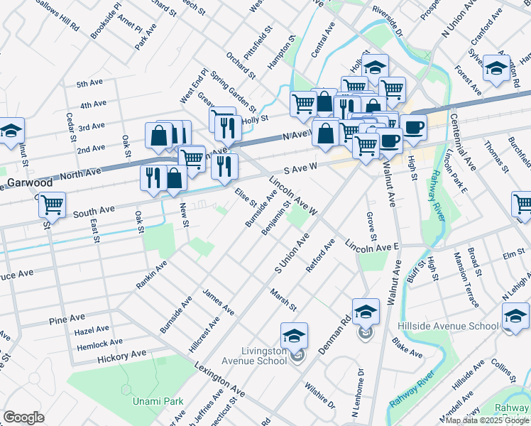 map of restaurants, bars, coffee shops, grocery stores, and more near 90 Benjamin Street in Cranford